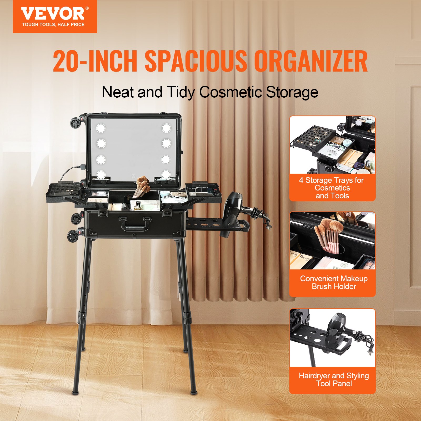 VEVOR Makeup Train Case with Lock, Lighted Mirror, 4 Storage Trays, Brush Holder, Travel Cosmetic Organizer Box w/ Swivel Wheels, Professional Artist Trolley Studio Free Standing Case