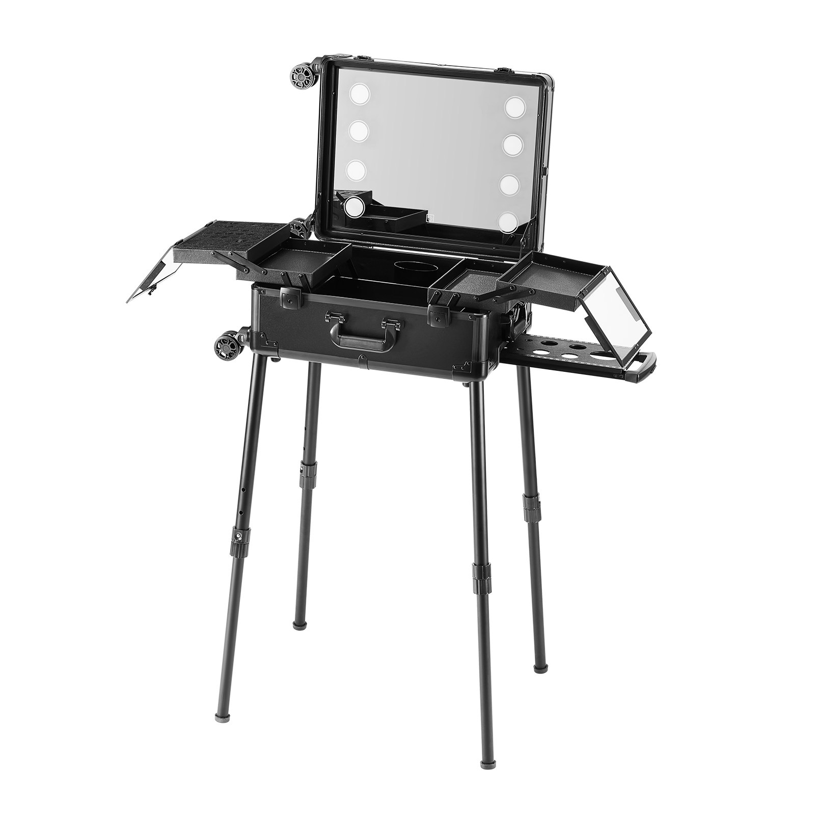VEVOR Makeup Train Case with Lock, Lighted Mirror, 4 Storage Trays, Brush Holder, Travel Cosmetic Organizer Box w/ Swivel Wheels, Professional Artist Trolley Studio Free Standing Case