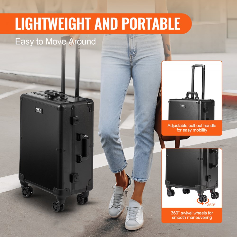 VEVOR Makeup Train Case with Lock, Lighted Mirror, 4 Storage Trays, Brush Holder, Travel Cosmetic Organizer Box w/ Swivel Wheels, Professional Artist Trolley Studio Free Standing Case
