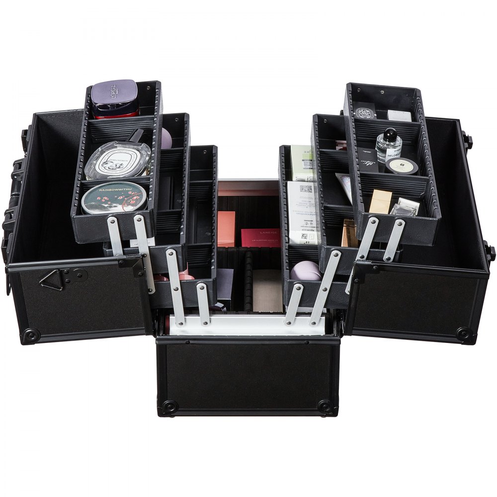 black VEVOR makeup train case with multiple compartments open, containing various cosmetic products.