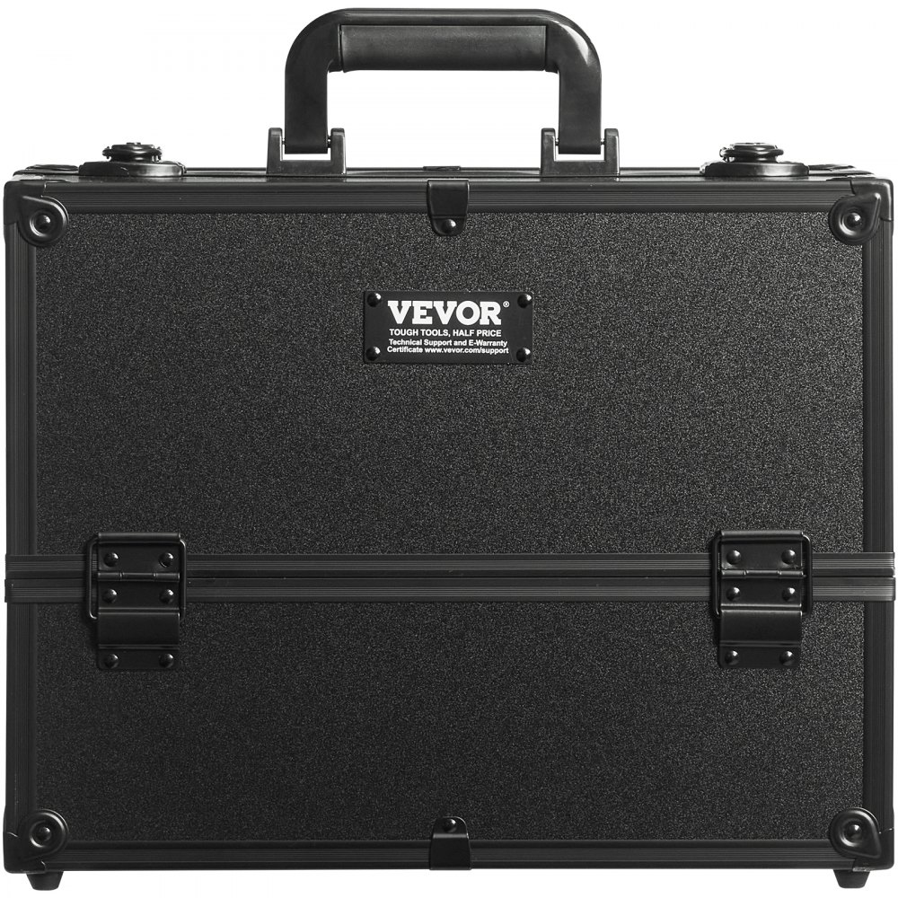 black VEVOR makeup train case with sturdy handle, secure latches, and textured finish.