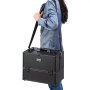person carrying a VEVOR makeup train case with shoulder strap.