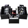 black VEVOR makeup train case with multiple compartments open, containing various cosmetic products.
