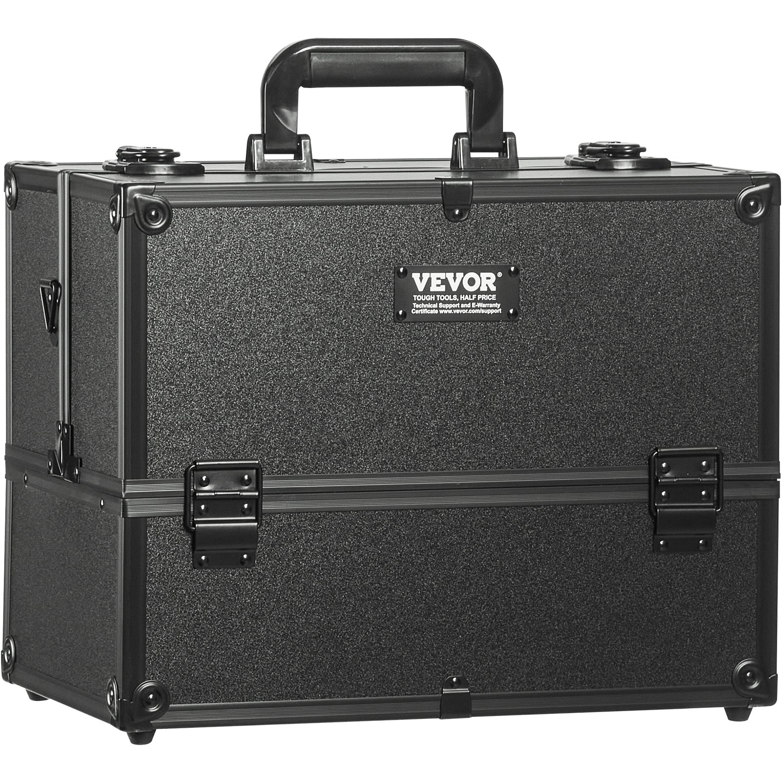 black VEVOR makeup train case with sturdy handle, durable locks, and textured finish.