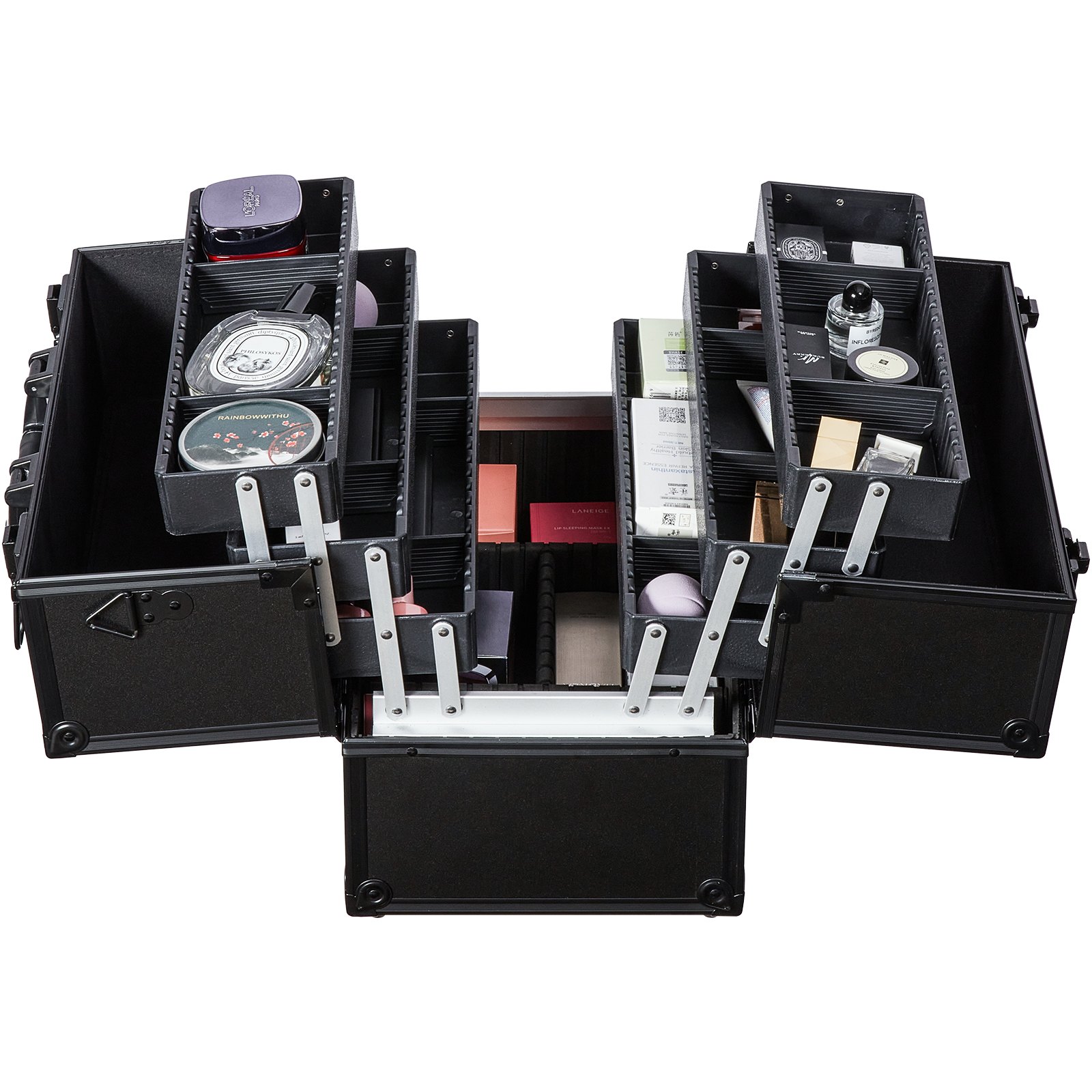 black VEVOR makeup train case with multiple compartments open, containing various cosmetic products.