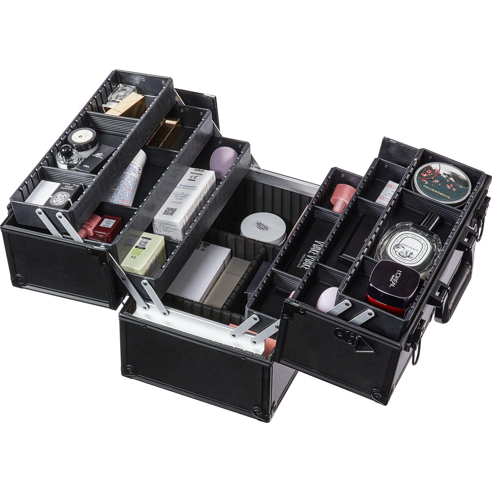 VEVOR makeup train case with multiple compartments holding various makeup and skincare products.