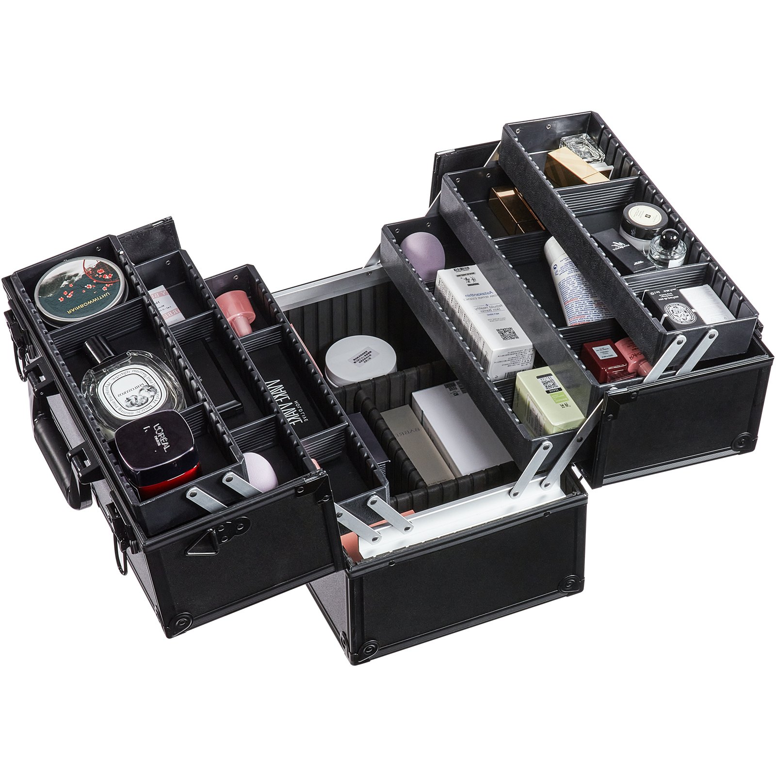 open VEVOR makeup train case with neatly organized cosmetic products in various compartments.