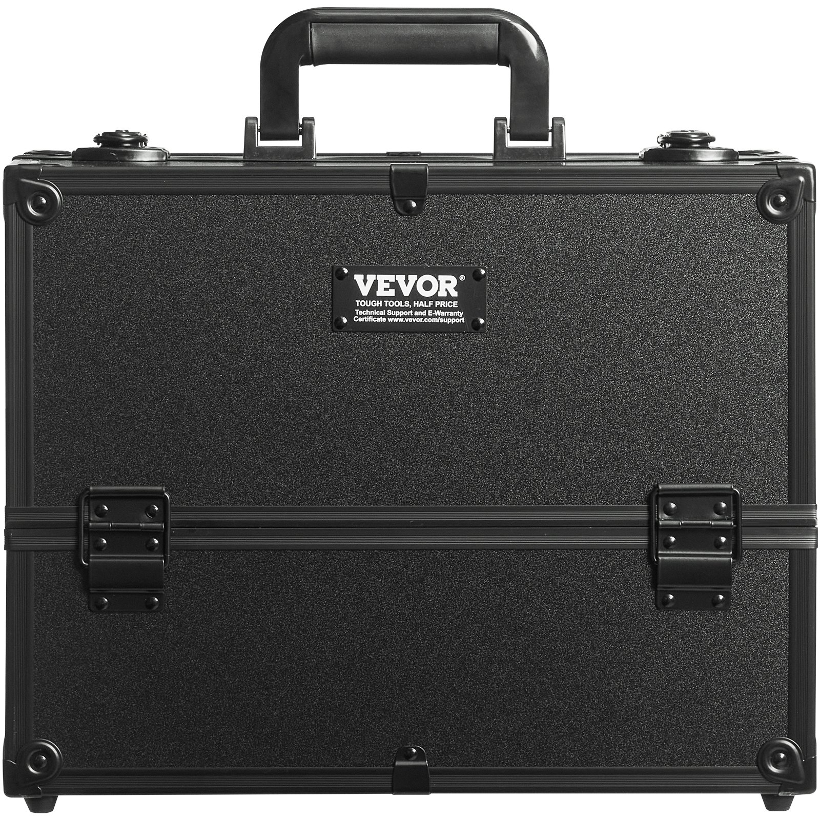 black VEVOR makeup train case with sturdy handle, secure latches, and textured finish.