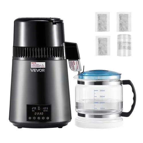 VEVOR Water Distiller, 4L 1.1 Gallon Pure Water Purifier Filter For Home Table Countertop, 1750W Distilled Maker with Glass Pot, Stainless Steel Interior Drinking Machine to Make Clean Waters, Grey