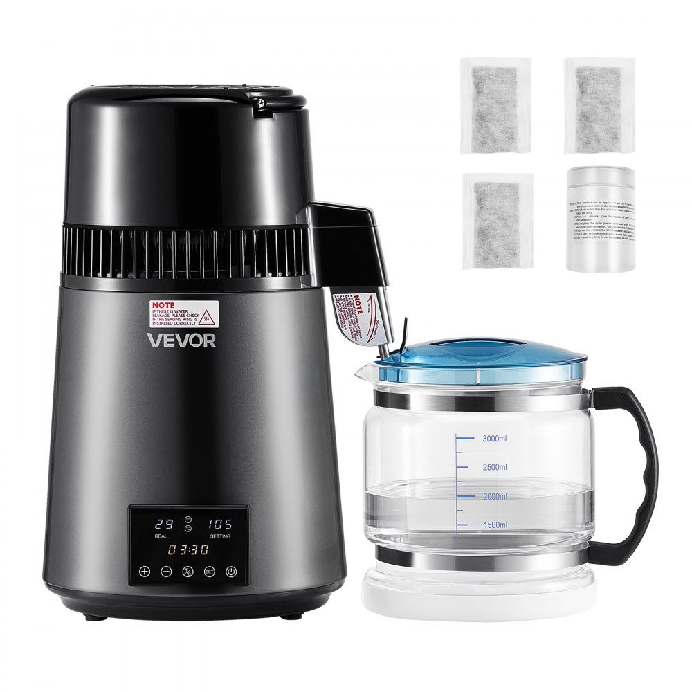 VEVOR Water Distiller, 4L 1.1 Gallon Pure Water Purifier Filter For Home Table Countertop, 1750W Distilled Maker with Glass Pot, Stainless Steel Interior Drinking Machine to Make Clean Waters, Grey