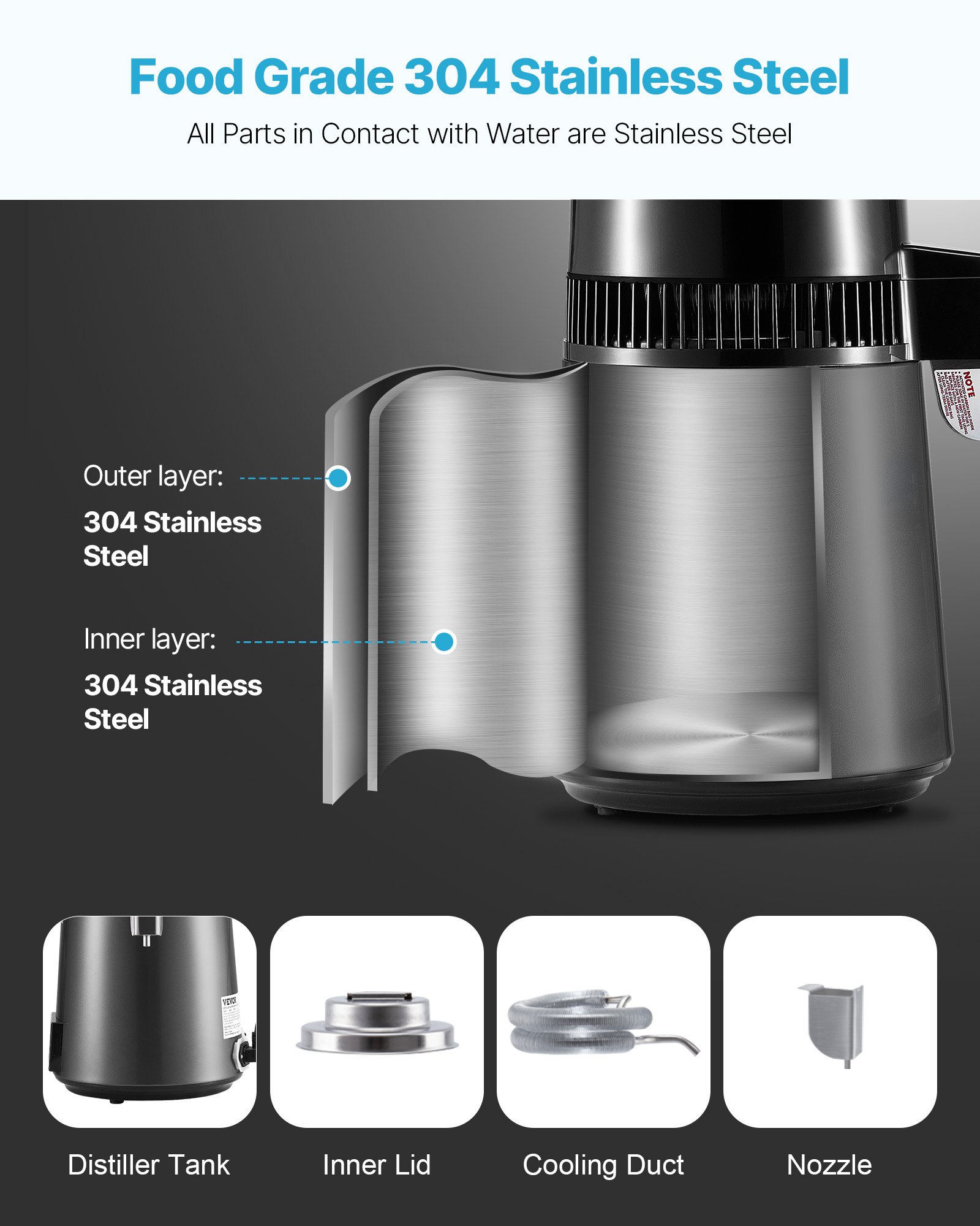 VEVOR Water Distiller, 4L 1.1 Gallon Pure Water Purifier Filter For Home Table Countertop, 1750W Distilled Maker with Glass Pot, Stainless Steel Interior Drinking Machine to Make Clean Waters, Grey