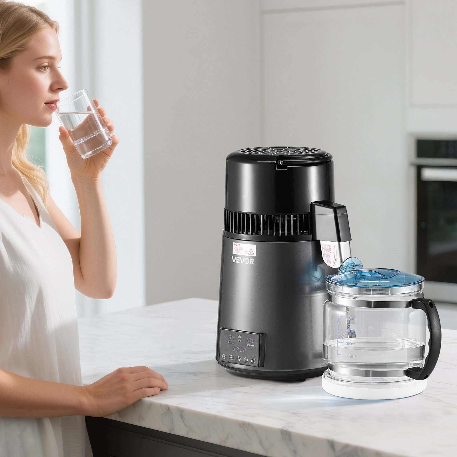 VEVOR Water Distiller, 4L 1.1 Gallon Pure Water Purifier Filter For Home Table Countertop, 1750W Distilled Maker with Glass Pot, Stainless Steel Interior Drinking Machine to Make Clean Waters, Grey