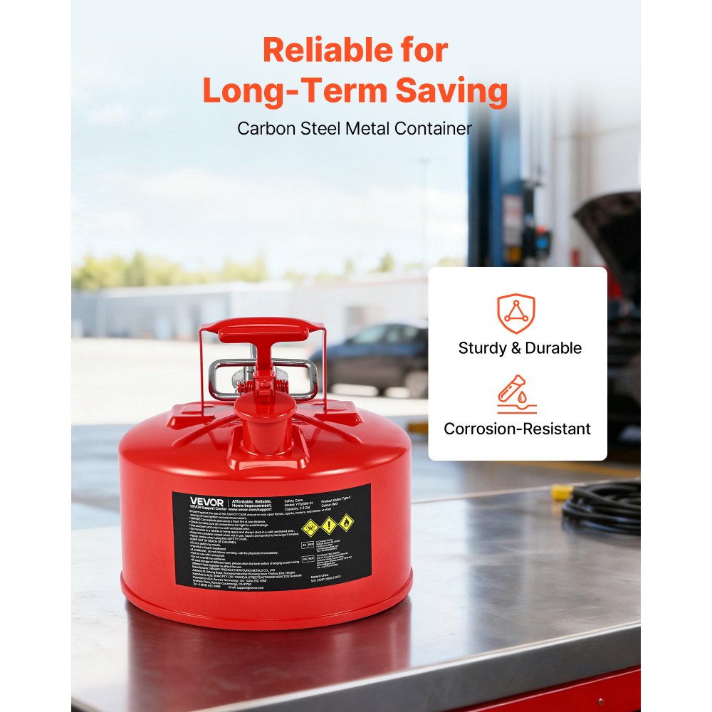 VEVOR Safety Gas Can, 9.5 L Type II Red Safety Can for Gasoline with Stainless Steel Flame Arrester, Self-Closing Lid, and Flexible Metal Spout, Carbon Steel Flammable Storage with Ergonomic Handle