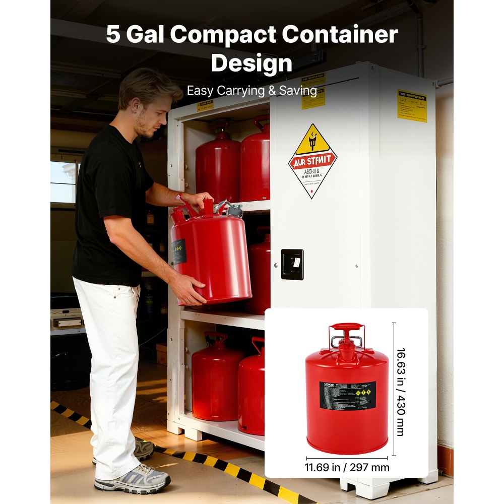VEVOR Safety Gas Can, 5 Gallon Type II Red Safety Can for Gasoline with Stainless Steel Flame Arrester, Self-Closing Lid & Flexible Metal Spout, Carbon Steel Flammable Storage with Ergonomic Handle