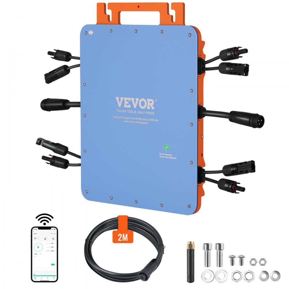 VEVOR Solar Grid Tie Micro Inverter, 1200W, Solar Micro Inverter, IP67 Waterproof Aluminum Alloy Solar Power Grid Tie Inverter DC18-50V Operating Voltage with APP Wifi Antenna Power Cord, for Solar Pa