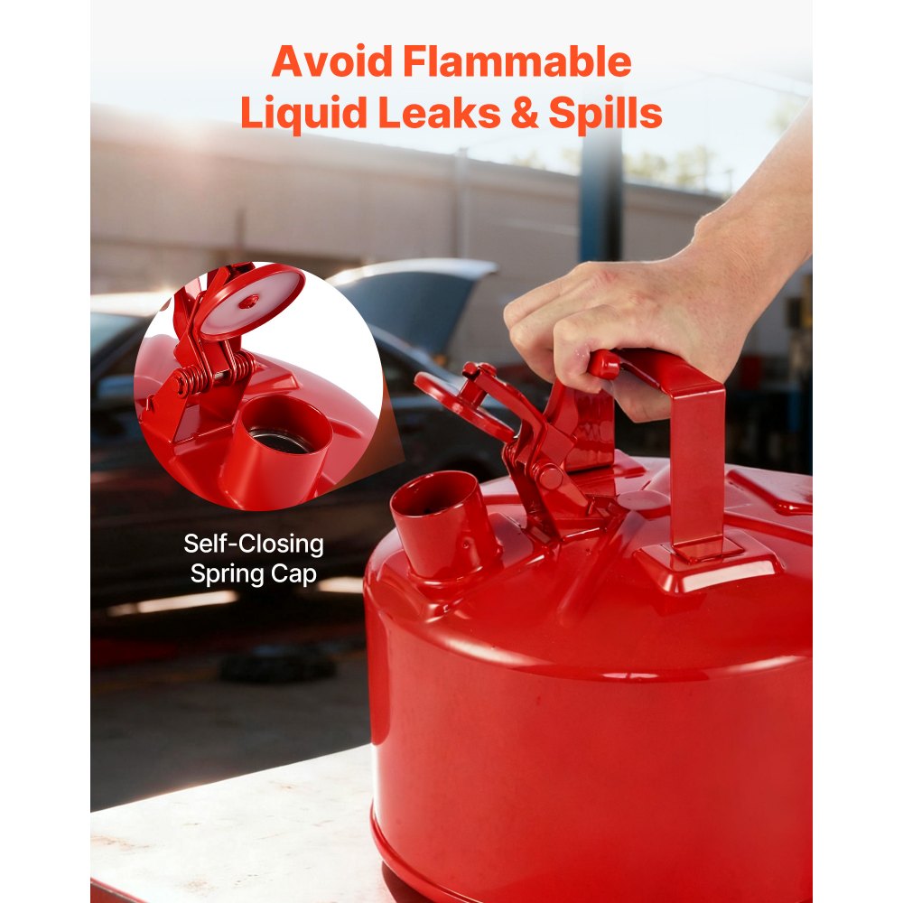 VEVOR Safety Gas Can, 9.5 L Type I Red Safety Can for Gasoline with Stainless Steel Flame Arrester, Self-Closing Lid, and PE Funnel, Carbon Steel Flammable Storage Container with Ergonomic Handle