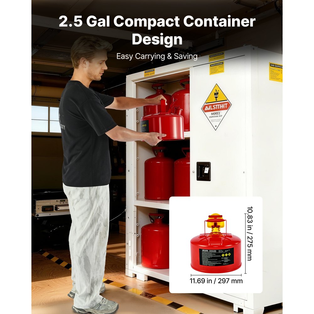VEVOR Safety Gas Can, 9.5 L Type I Red Safety Can for Gasoline with Stainless Steel Flame Arrester, Self-Closing Lid, and PE Funnel, Carbon Steel Flammable Storage Container with Ergonomic Handle