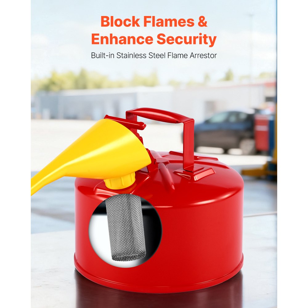 VEVOR Safety Gas Can, 9.5 L Type I Red Safety Can for Gasoline with Stainless Steel Flame Arrester, Self-Closing Lid, and PE Funnel, Carbon Steel Flammable Storage Container with Ergonomic Handle