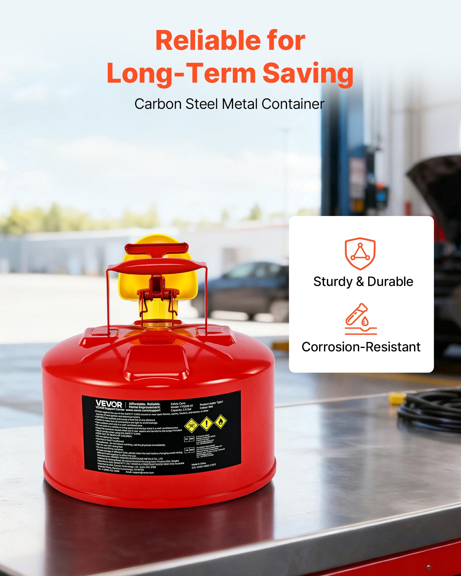 VEVOR Safety Gas Can, 9.5 L Type I Red Safety Can for Gasoline with Stainless Steel Flame Arrester, Self-Closing Lid, and PE Funnel, Carbon Steel Flammable Storage Container with Ergonomic Handle