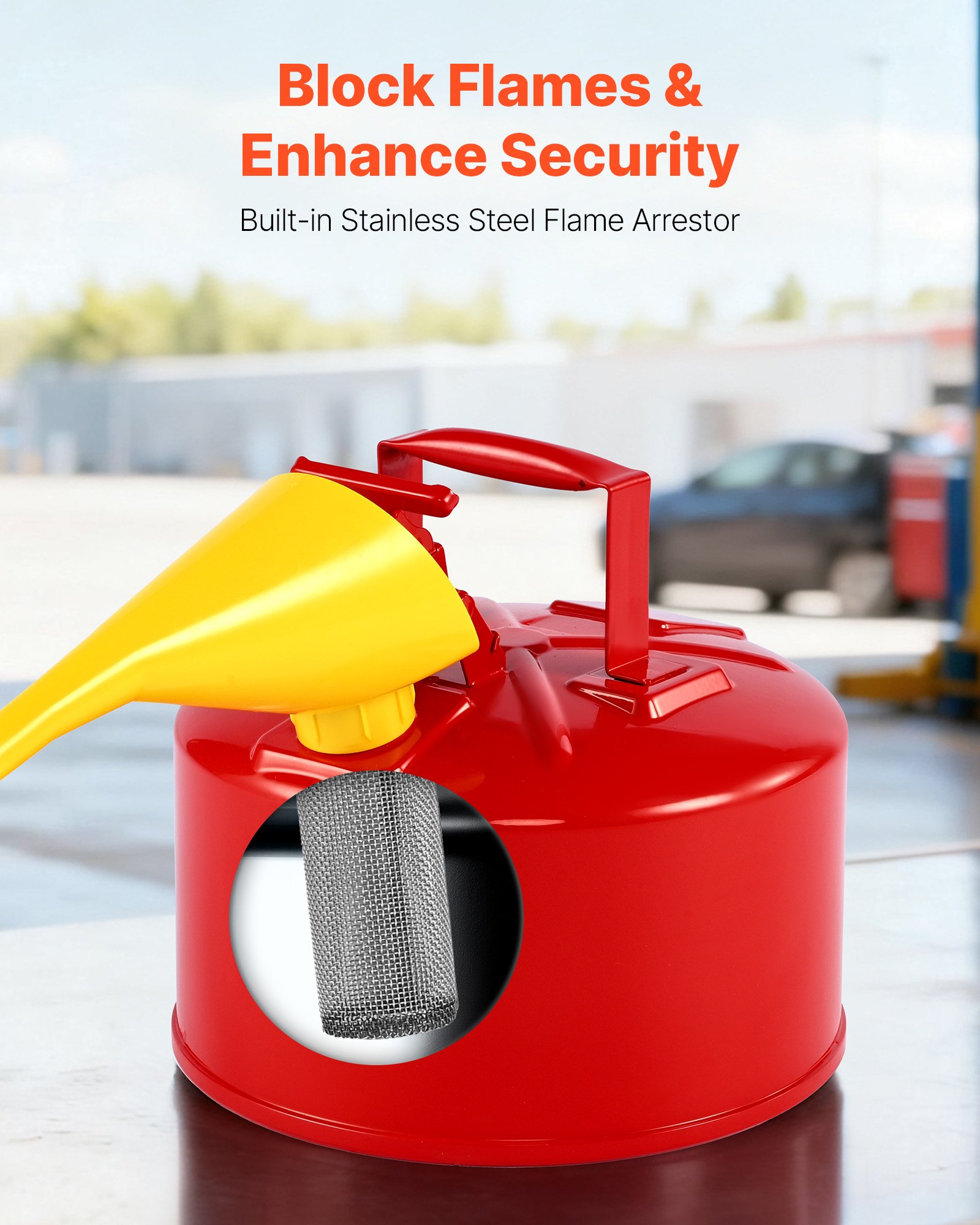 VEVOR Safety Gas Can, 9.5 L Type I Red Safety Can for Gasoline with Stainless Steel Flame Arrester, Self-Closing Lid, and PE Funnel, Carbon Steel Flammable Storage Container with Ergonomic Handle