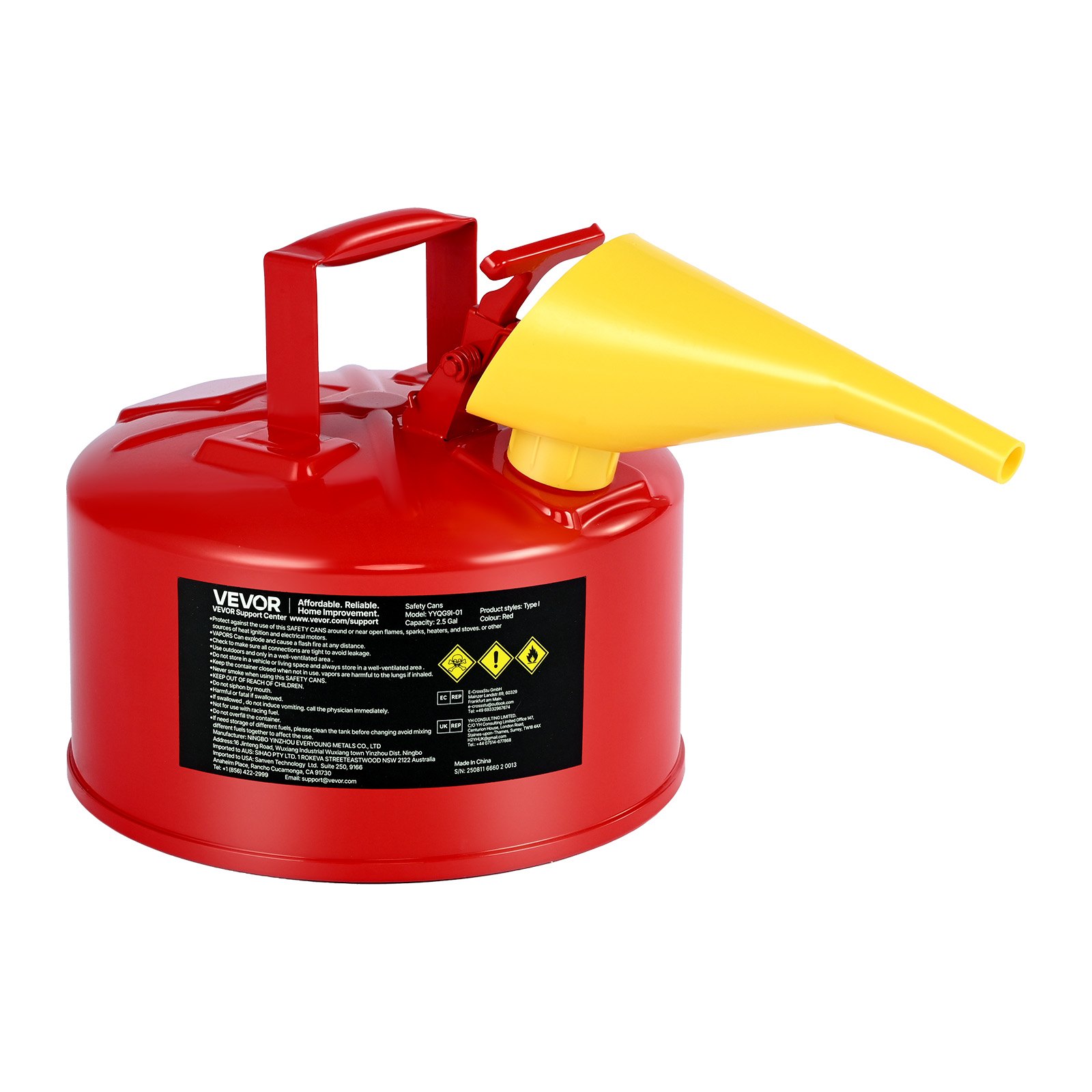 VEVOR Safety Gas Can, 9.5 L Type I Red Safety Can for Gasoline with Stainless Steel Flame Arrester, Self-Closing Lid, and PE Funnel, Carbon Steel Flammable Storage Container with Ergonomic Handle