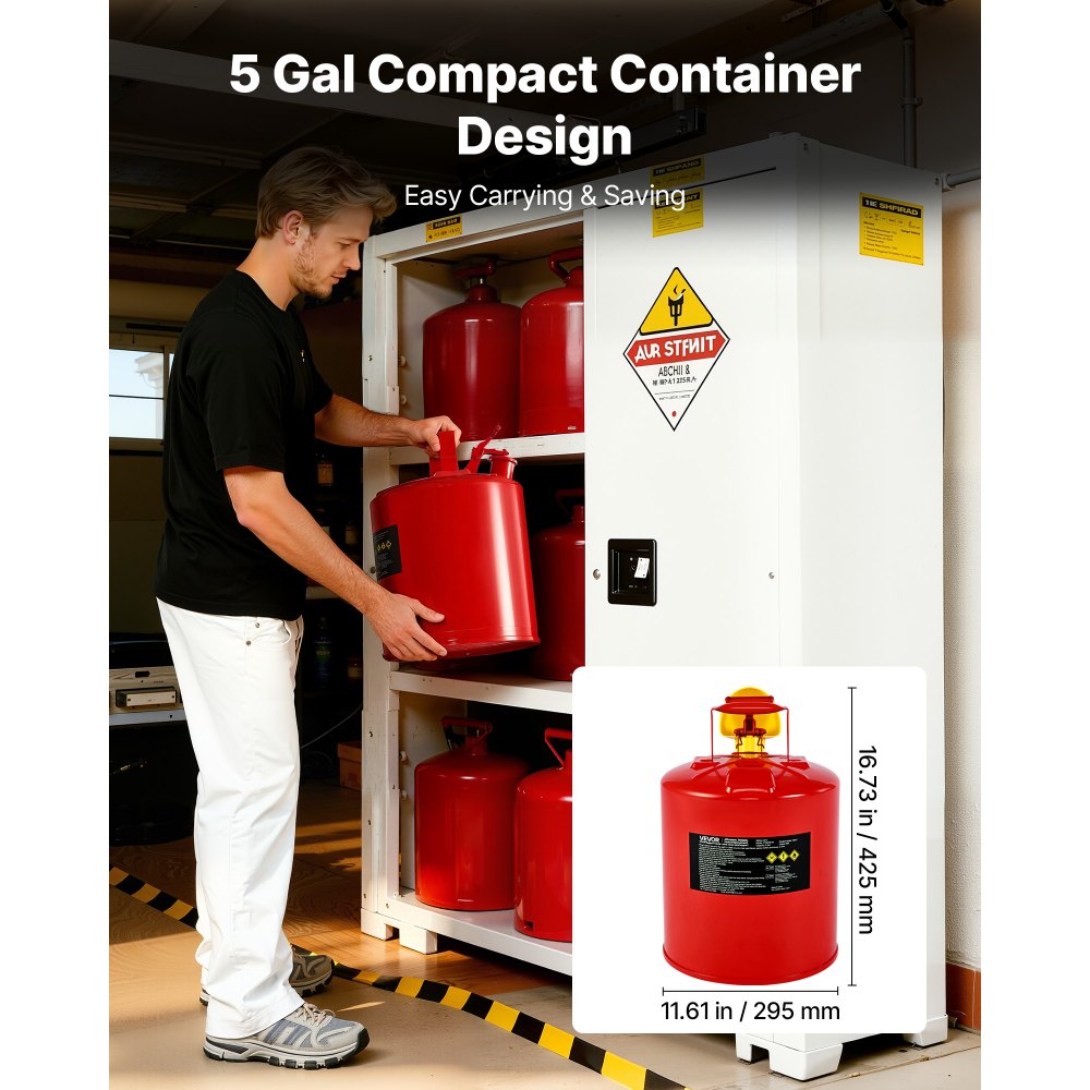 VEVOR Safety Gas Can, 5 Gallon Type I Red Safety Can for Gasoline with Stainless Steel Flame Arrester, Self-Closing Lid, and PE Funnel, Carbon Steel Flammable Storage Container with Ergonomic Handle