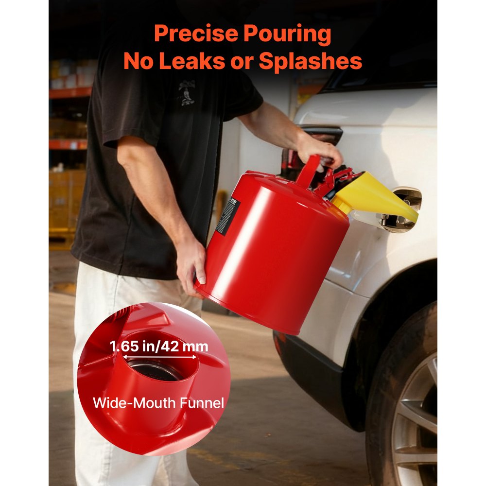 VEVOR Safety Gas Can, 5 Gallon Type I Red Safety Can for Gasoline with Stainless Steel Flame Arrester, Self-Closing Lid, and PE Funnel, Carbon Steel Flammable Storage Container with Ergonomic Handle