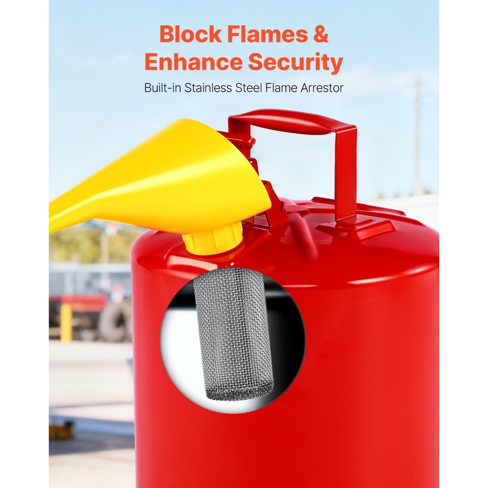 VEVOR Safety Gas Can, 5 Gallon Type I Red Safety Can for Gasoline with Stainless Steel Flame Arrester, Self-Closing Lid, and PE Funnel, Carbon Steel Flammable Storage Container with Ergonomic Handle