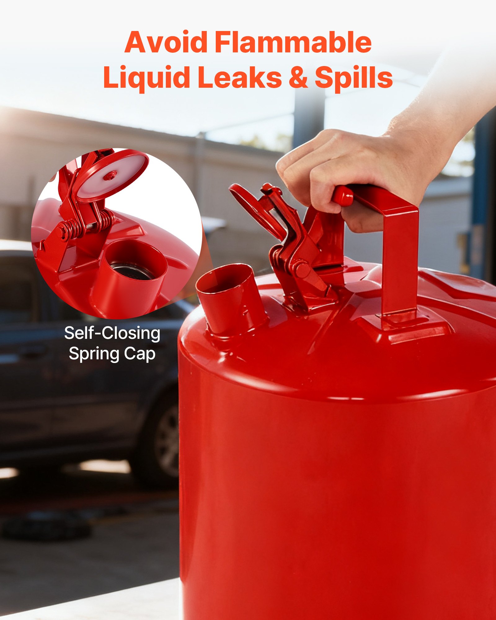 VEVOR Safety Gas Can, 5 Gallon Type I Red Safety Can for Gasoline with Stainless Steel Flame Arrester, Self-Closing Lid, and PE Funnel, Carbon Steel Flammable Storage Container with Ergonomic Handle