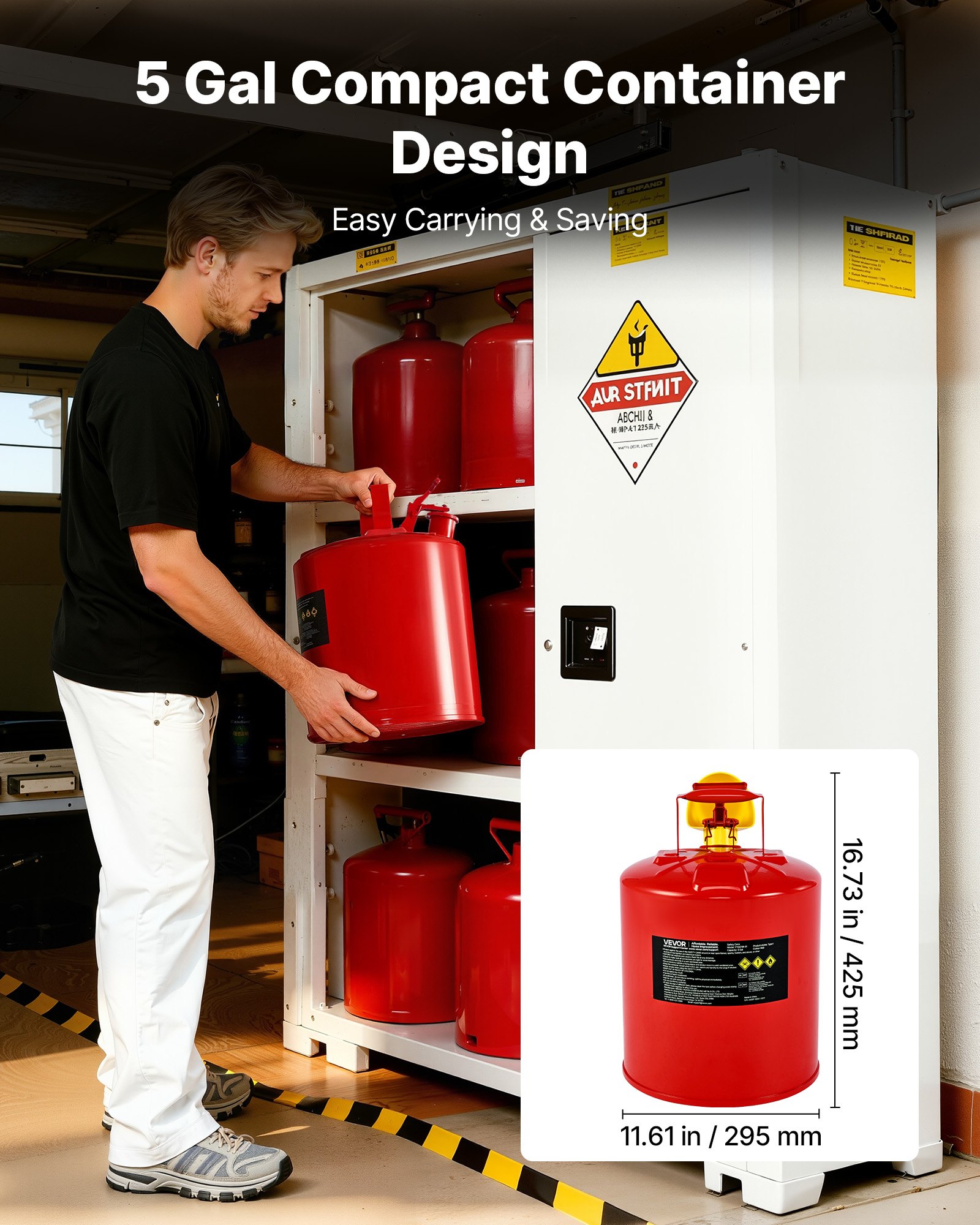VEVOR Safety Gas Can, 5 Gallon Type I Red Safety Can for Gasoline with Stainless Steel Flame Arrester, Self-Closing Lid, and PE Funnel, Carbon Steel Flammable Storage Container with Ergonomic Handle