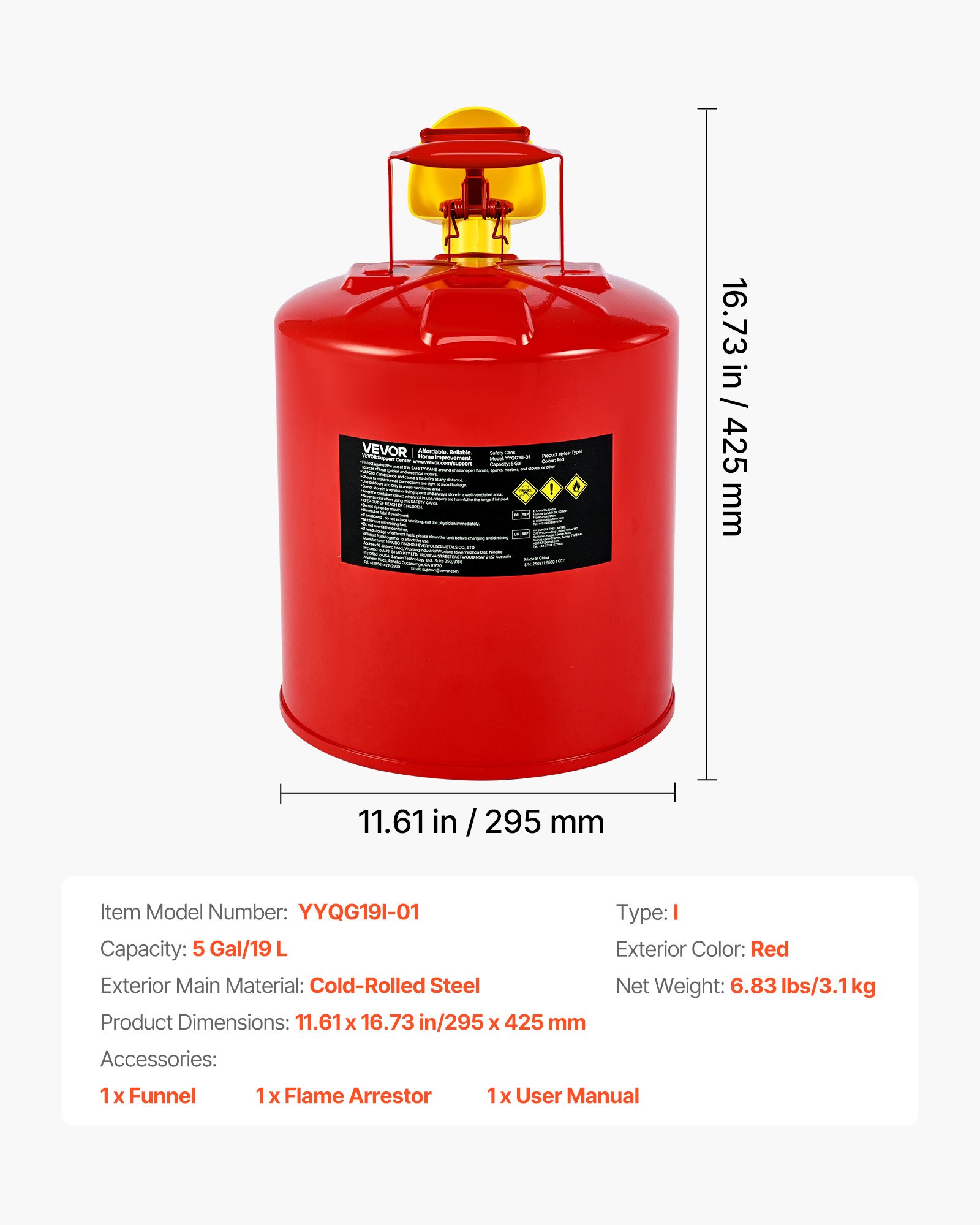 VEVOR Safety Gas Can, 5 Gallon Type I Red Safety Can for Gasoline with Stainless Steel Flame Arrester, Self-Closing Lid, and PE Funnel, Carbon Steel Flammable Storage Container with Ergonomic Handle