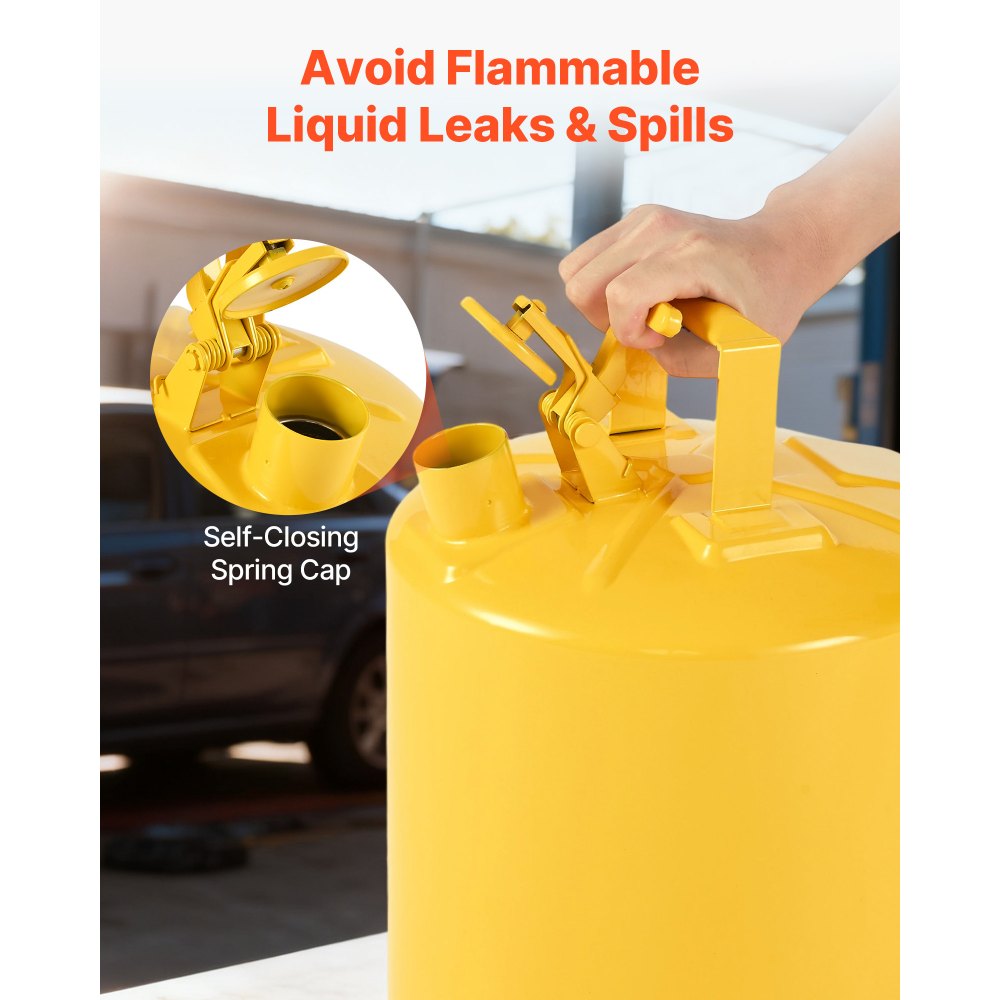 VEVOR Safety Can, 19 L Type I Yellow Safety Can for Diesel with Stainless Steel Flame Arrester, Self-Closing Lid, and PE Funnel, Carbon Steel Flammable Fuel Storage Container with Ergonomic Handle