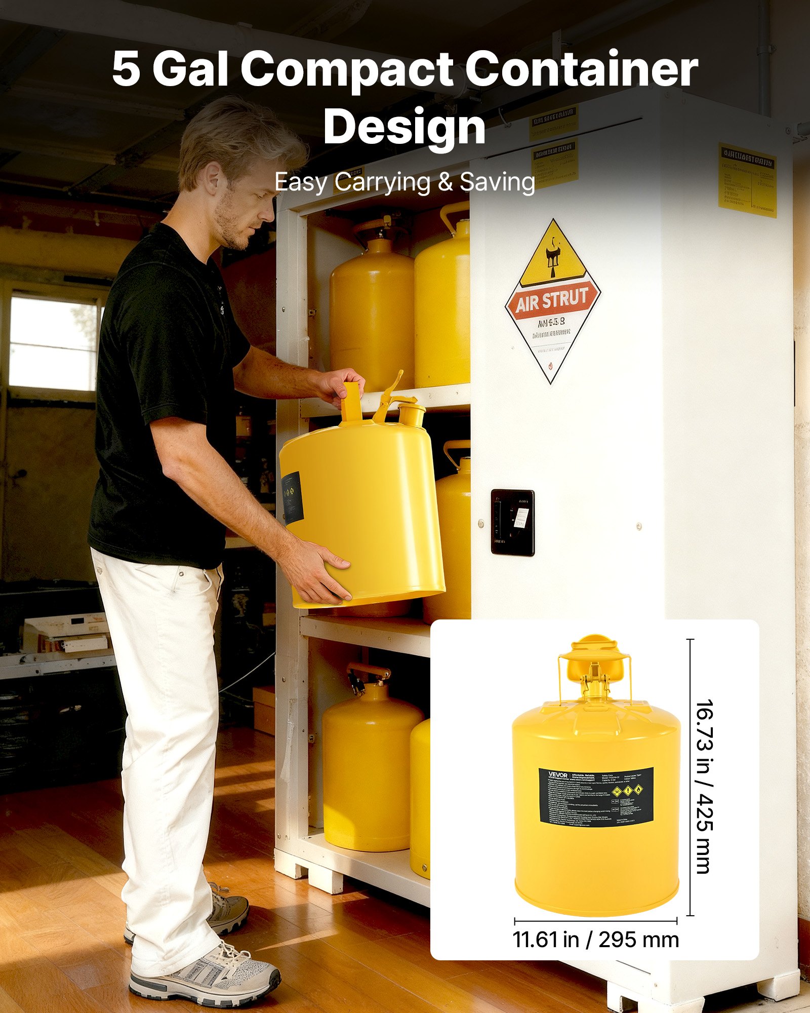 VEVOR Safety Can, 19 L Type I Yellow Safety Can for Diesel with Stainless Steel Flame Arrester, Self-Closing Lid, and PE Funnel, Carbon Steel Flammable Fuel Storage Container with Ergonomic Handle