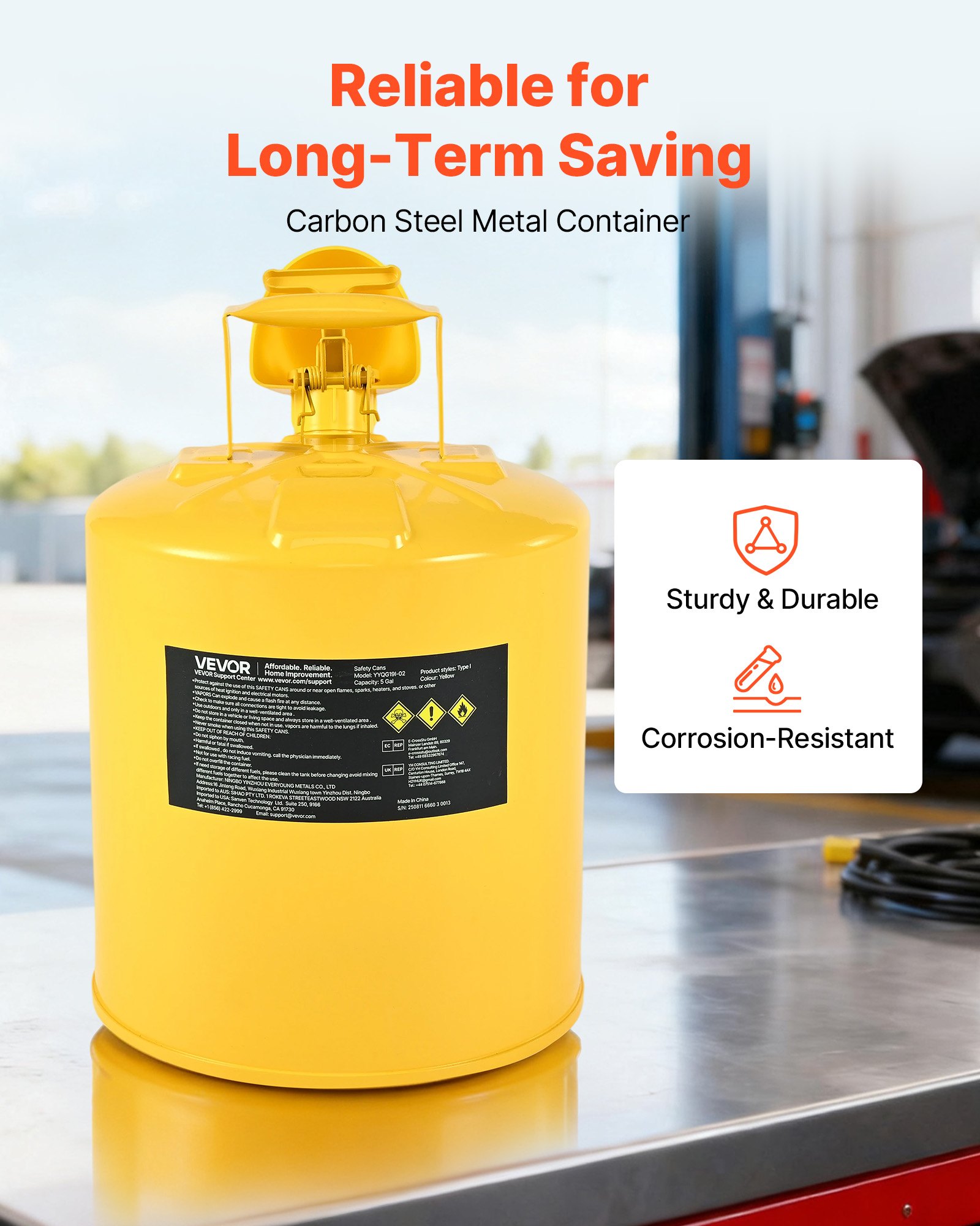 VEVOR Safety Can, 19 L Type I Yellow Safety Can for Diesel with Stainless Steel Flame Arrester, Self-Closing Lid, and PE Funnel, Carbon Steel Flammable Fuel Storage Container with Ergonomic Handle