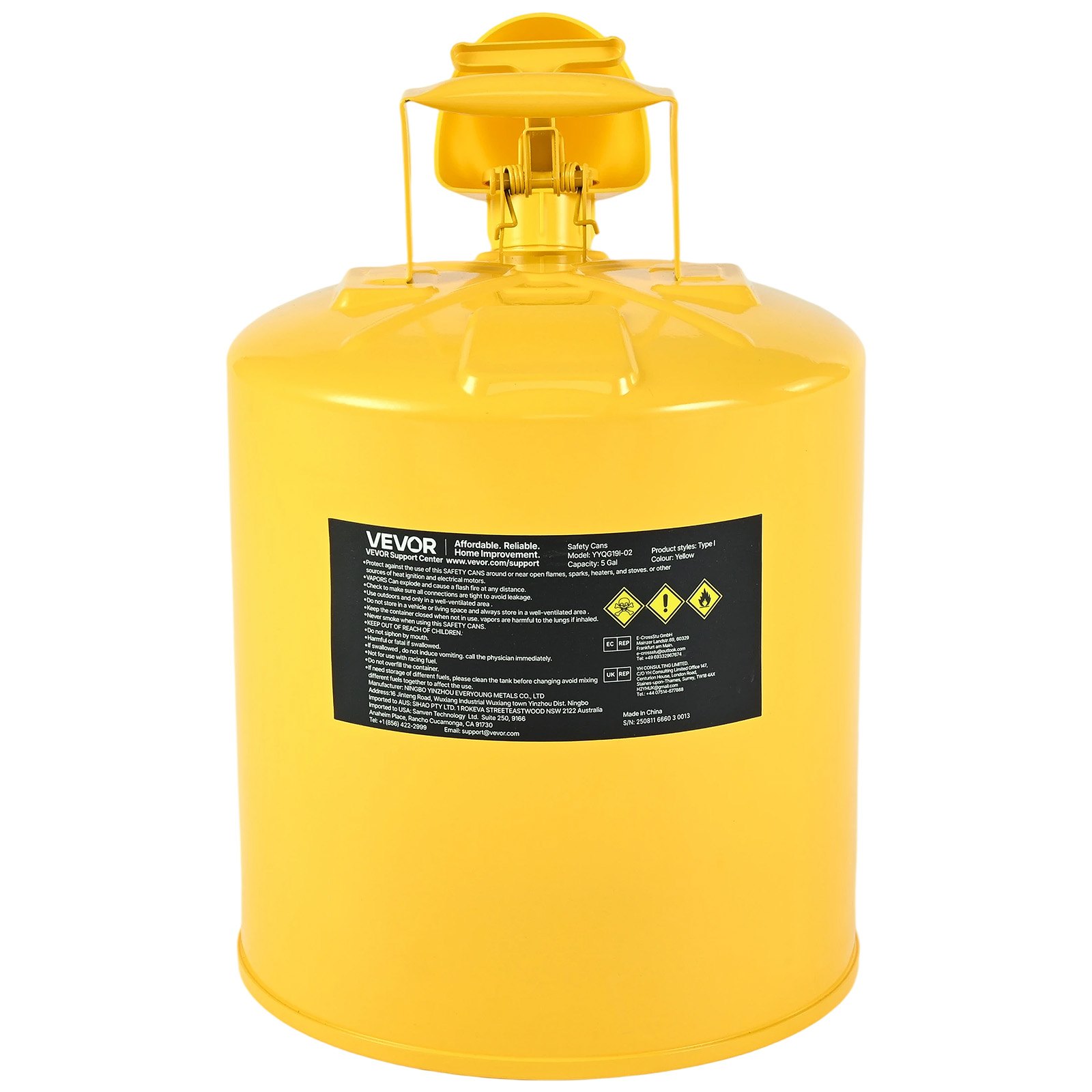VEVOR Safety Can, 19 L Type I Yellow Safety Can for Diesel with Stainless Steel Flame Arrester, Self-Closing Lid, and PE Funnel, Carbon Steel Flammable Fuel Storage Container with Ergonomic Handle