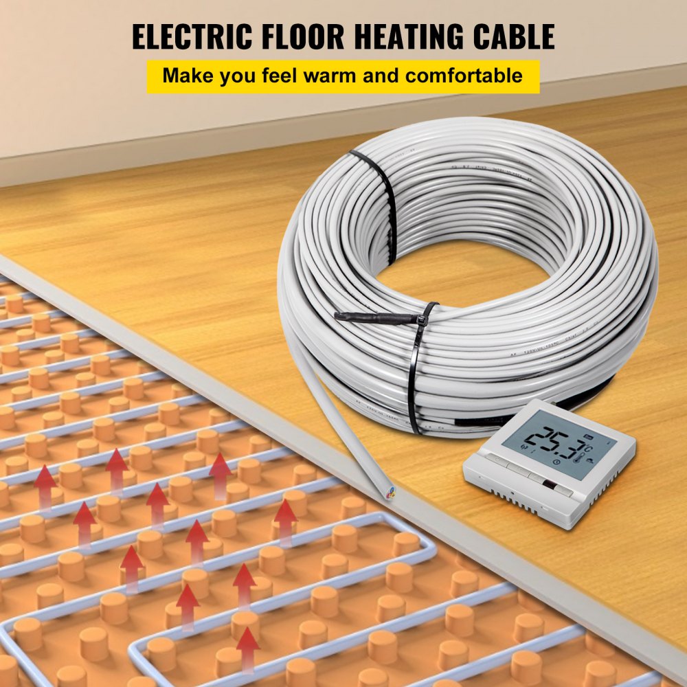 VEVOR Ditra Floor Heating Cable,1425W 120V Floor Tile Heat Cable,372.2 FT Long,112.6 sqft,with Convenient Temperature Control Panel,No Noise or Radiation