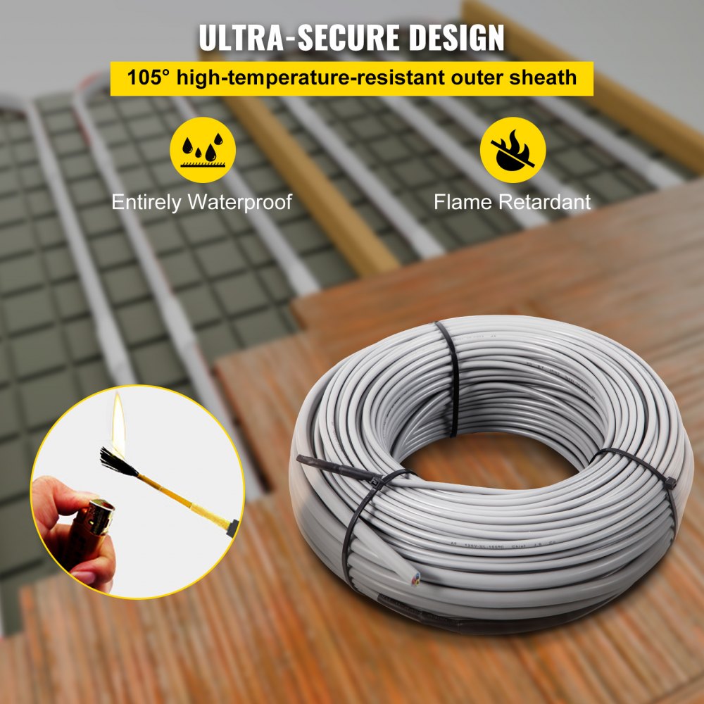 VEVOR Ditra Floor Heating Cable,1425W 120V Floor Tile Heat Cable,372.2 FT Long,112.6 sqft,with Convenient Temperature Control Panel,No Noise or Radiation