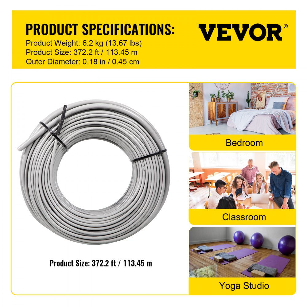 VEVOR Ditra Floor Heating Cable,1425W 120V Floor Tile Heat Cable,372.2 FT Long,112.6 sqft,with Convenient Temperature Control Panel,No Noise or Radiation