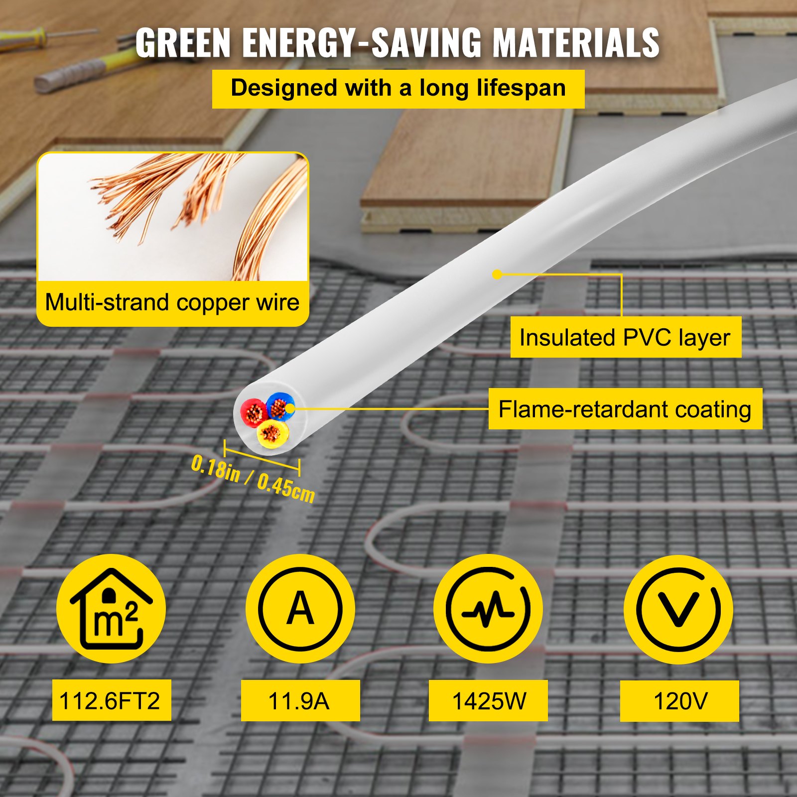 VEVOR Ditra Floor Heating Cable,1425W 120V Floor Tile Heat Cable,372.2 FT Long,112.6 sqft,with Convenient Temperature Control Panel,No Noise or Radiation