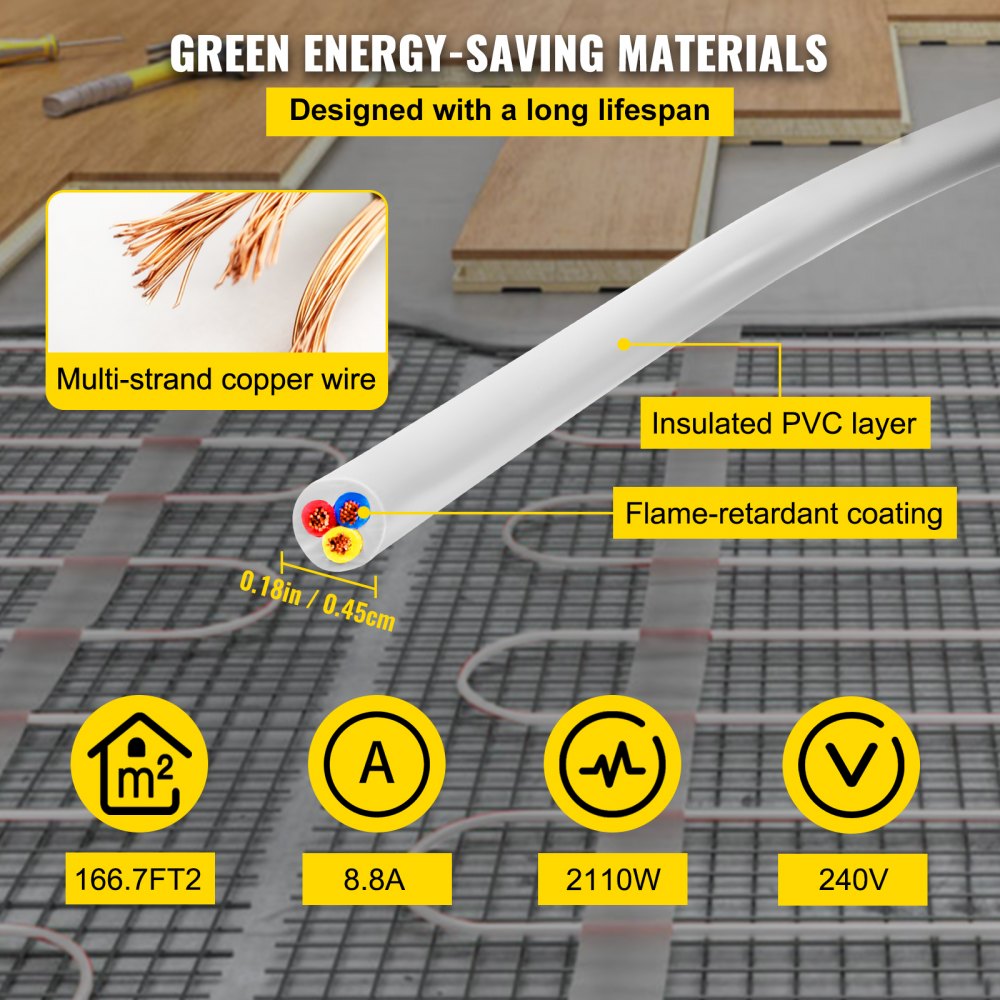 VEVOR Ditra Floor Heating Cable,2110W 240V Floor Tile Heat Cable,551 FT Long,166.7 sqft,with Convenient Temperature Control Panel,No Noise or Radiation