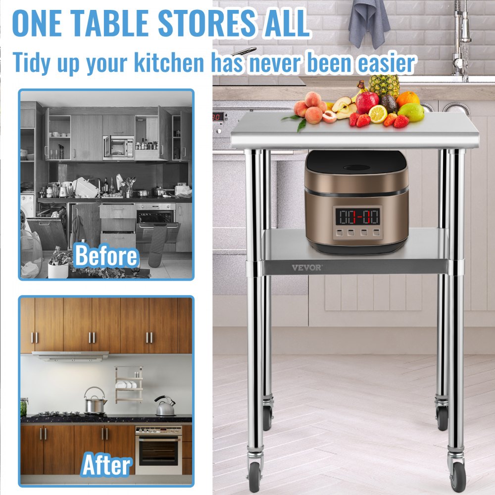VEVOR Stainless Steel Prep Table, 61 x 61 x 91 cm, 272 kg Load Capacity Heavy Duty Metal Worktable with Adjustable Undershelf & Universal Wheels, Commercial Workstation for Kitchen Garage Backyard
