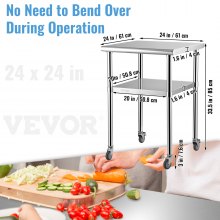 VEVOR Stainless Steel Prep Table, 61 x 61 x 91.4 cm, 600lbs Load Capacity Heavy Duty Metal Worktable with Adjustable Undershelf & Universal Wheels, Commercial Workstation for Kitchen Garage Backyard