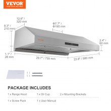 VEVOR Under Cabinet Range Hood, Dual Motors Ductless Kitchen Stove Vent, Stainless Steel Permanent Filter with 3-Speed Exhaust Fan, 2 Baffle Filters, LED Lights, Touch Control Panel, Silver (30 inch)
