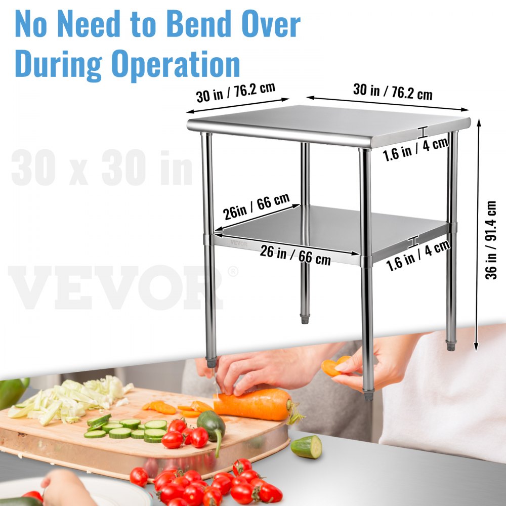 VEVOR Stainless Steel Prep Table, 762 x 762 x 914 mm, 363 kg Load Capacity Heavy Duty Metal Worktable with Adjustable Undershelf & Feet, Commercial Workstation for Kitchen Garage Restaurant Backyard