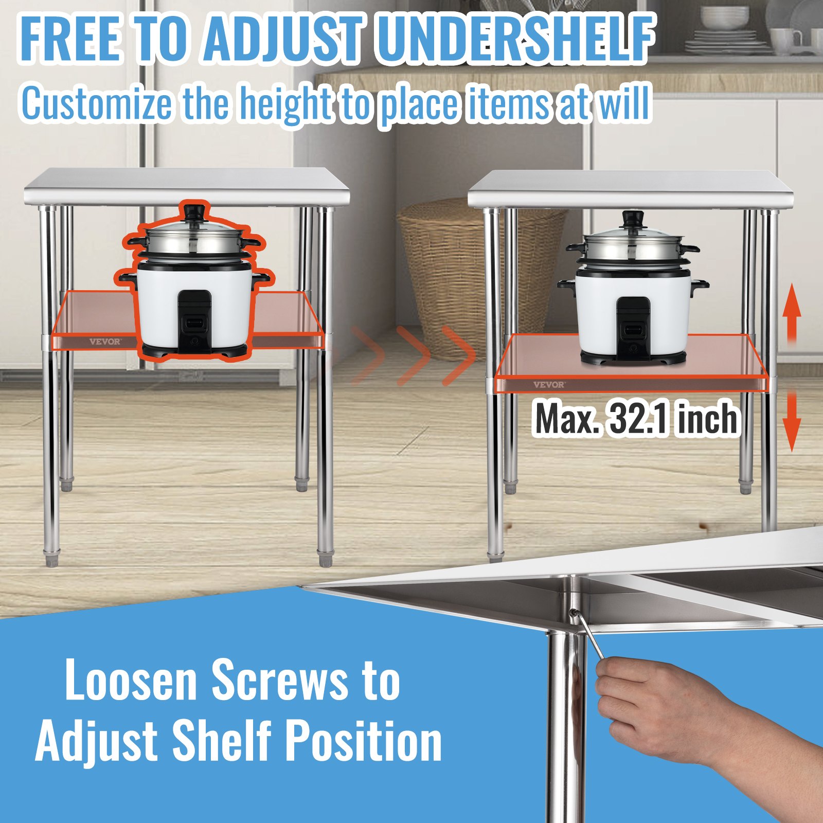 VEVOR Stainless Steel Prep Table, 762 x 762 x 914 mm, 363 kg Load Capacity Heavy Duty Metal Worktable with Adjustable Undershelf & Feet, Commercial Workstation for Kitchen Garage Restaurant Backyard