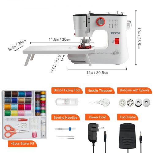 VEVOR Sewing Machine, Portable Sewing Machine for Beginners with 12 Built-in Stitches, Reverse Sewing, Dual Speed Kids Sewing Machine with Extension Table Foot Pedal, Accessory Kit Family Home Travel