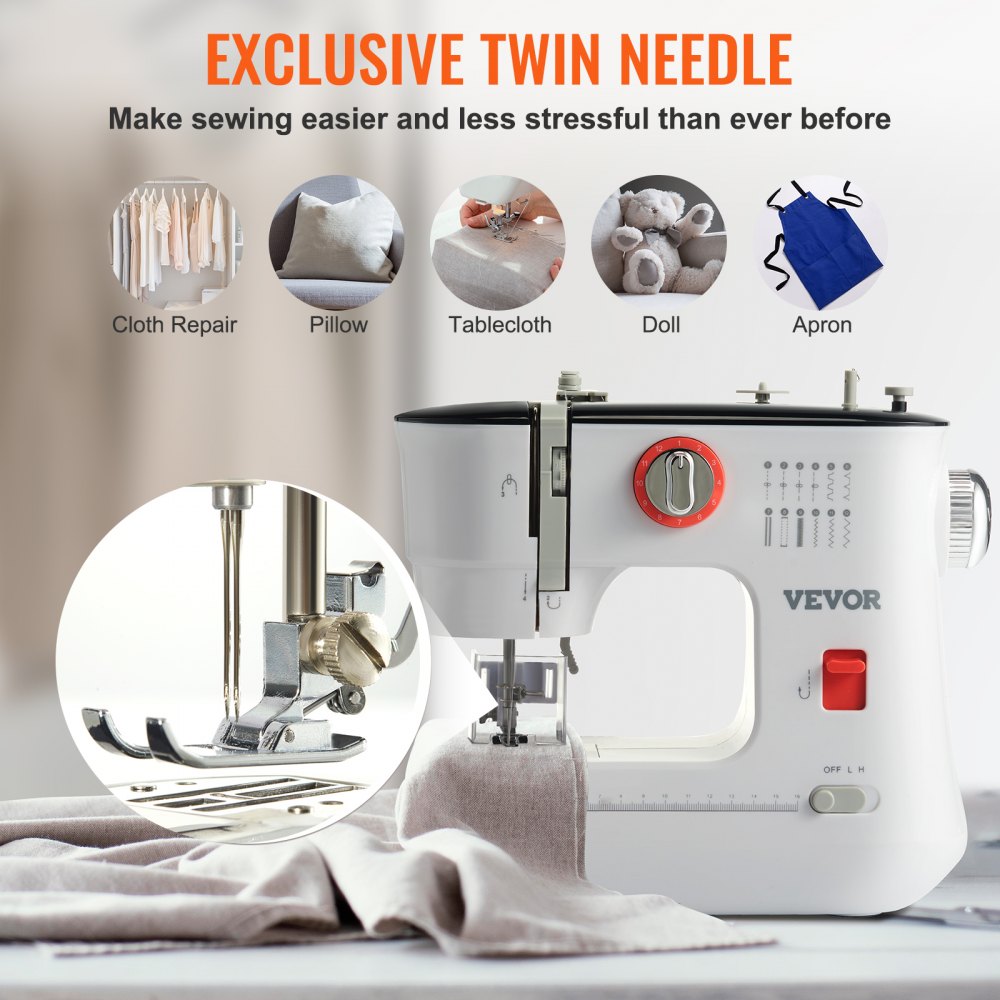 VEVOR Sewing Machine, Portable Sewing Machine for Beginners with 12 Built-in Stitches, Reverse Sewing, Dual Speed Kids Sewing Machine with Extension Table Foot Pedal, Accessory Kit Family Home Travel