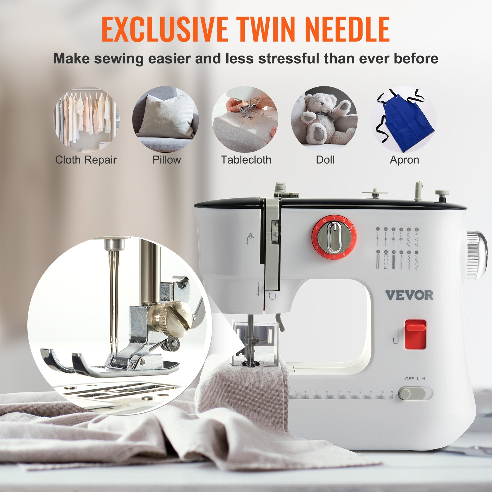 VEVOR Sewing Machine, Portable Sewing Machine for Beginners with 12 Built-in Stitches, Reverse Sewing, Dual Speed Kids Sewing Machine with Extension Table Foot Pedal, Accessory Kit Family Home Travel