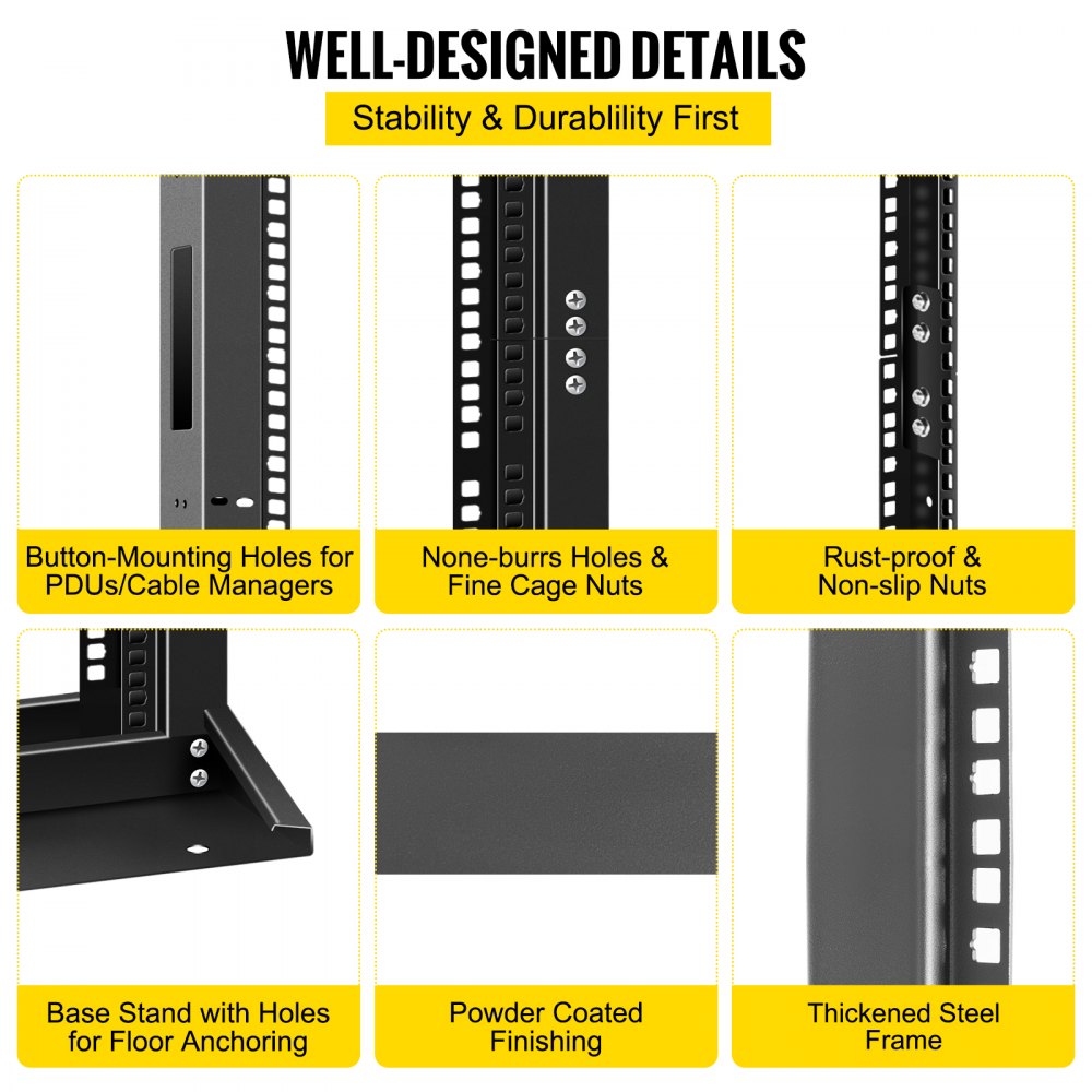 VEVOR Server Rack, 45U Open Frame Rack, 2-Post IT Server Network Relay Rack, 19 Inch Server/Audio Network Equipment Rack Cold Rolled Steel, Heavy Duty Threaded Rack, Holds Network Servers & AV Gear
