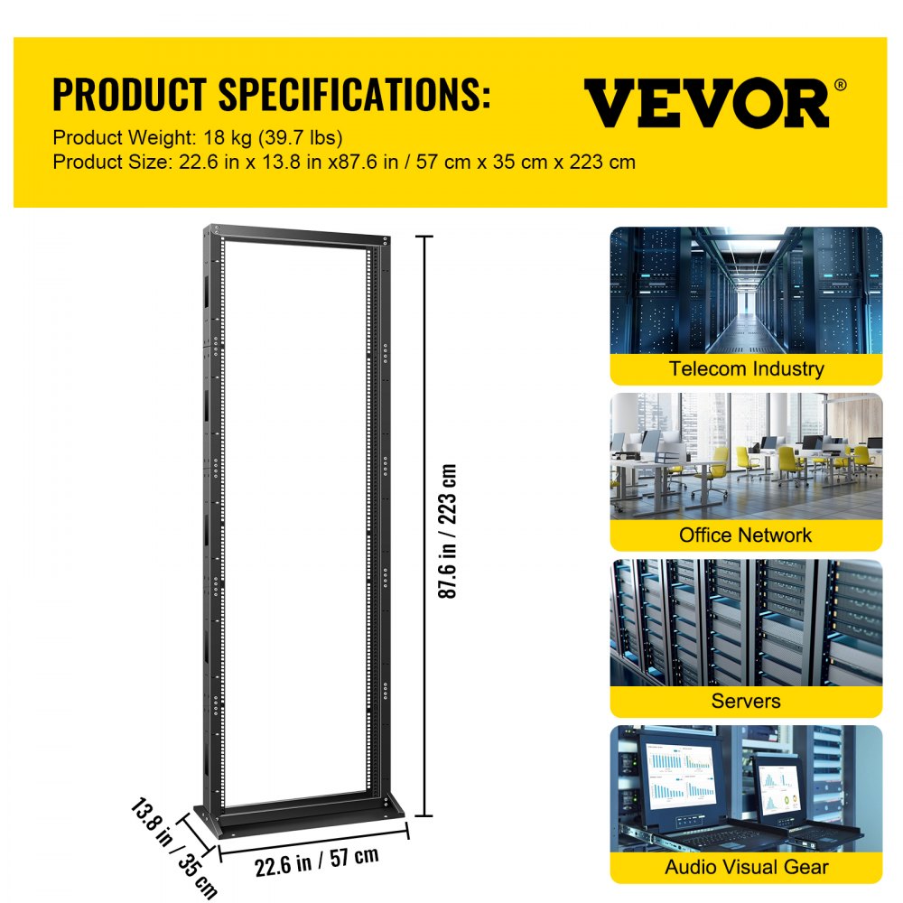 VEVOR Server Rack, 45U Open Frame Rack, 2-Post IT Server Network Relay Rack, 19 Inch Server/Audio Network Equipment Rack Cold Rolled Steel, Heavy Duty Threaded Rack, Holds Network Servers & AV Gear